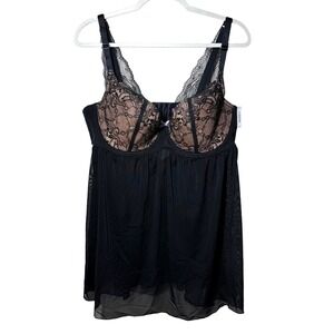 Adore Me Black Nude Lace Underwire Babydoll Chemise Lingerie 38G LP1826 NEW